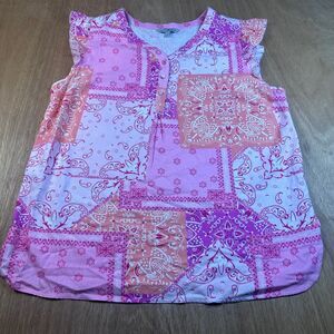 Hester & Orchard Linen Blend Tunic Small Pink Patchwork Sleeveless Henley
